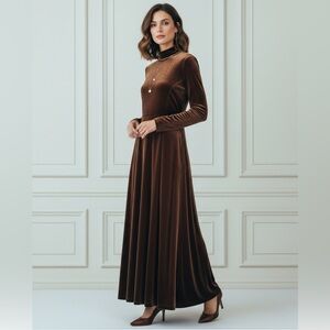 Vintage Brown Velour Maxi Dress Long Sleeve Mock Neck Medium Quiet Luxury Chic